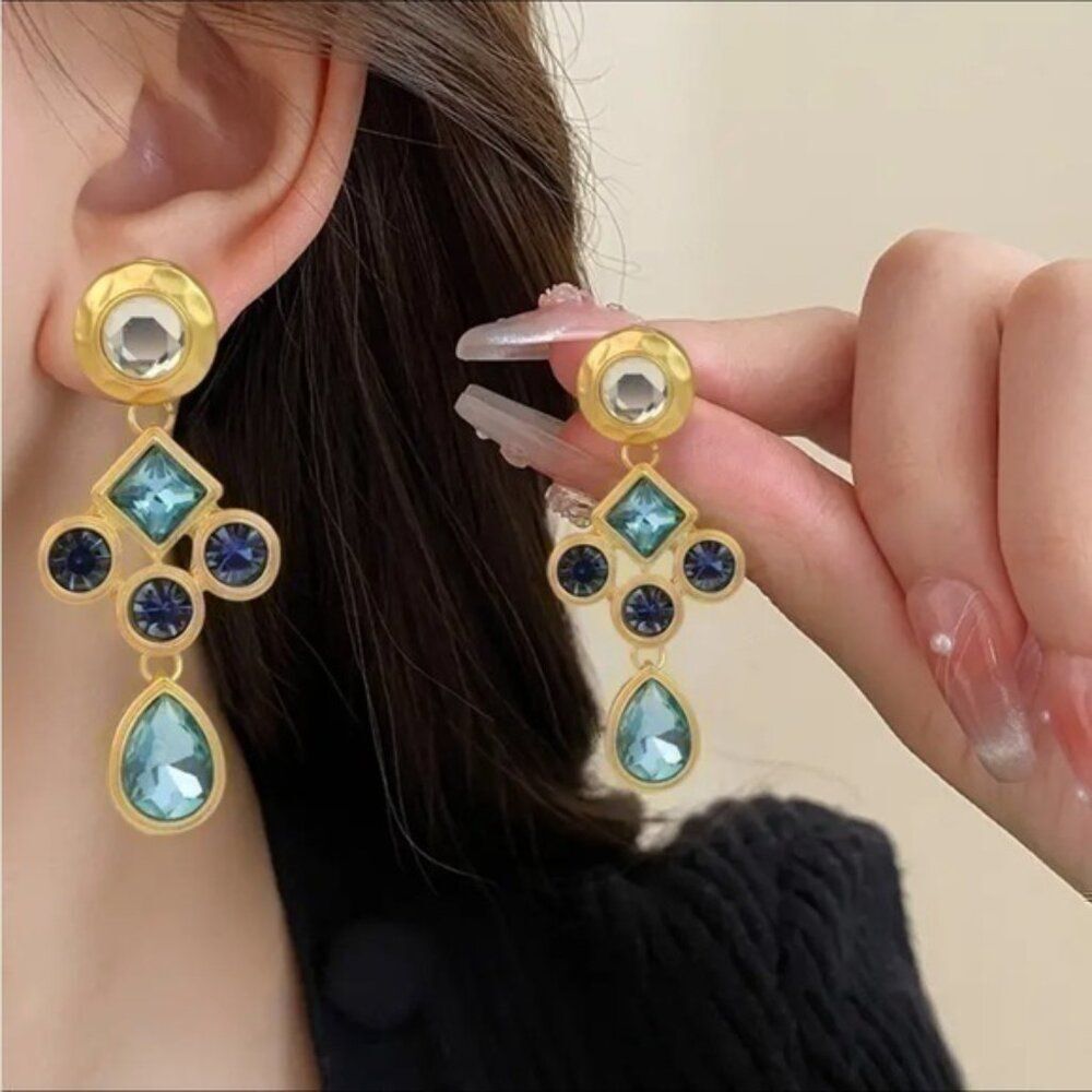Gold Blue Geometric Tassel Dangle Colorful Glass Inlaid Earrings
